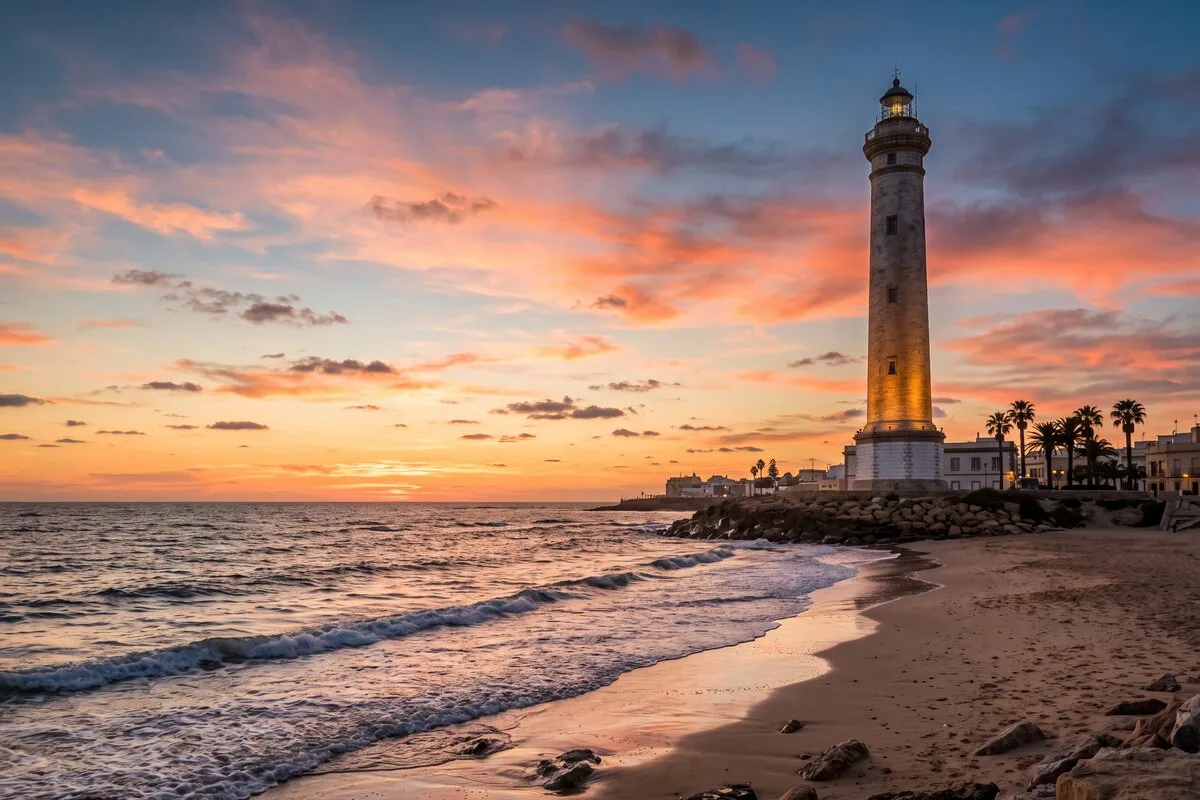 Faro de Chipiona iluminado al atardecer sobre la playa, con el casco urbano y palmeras al fondo