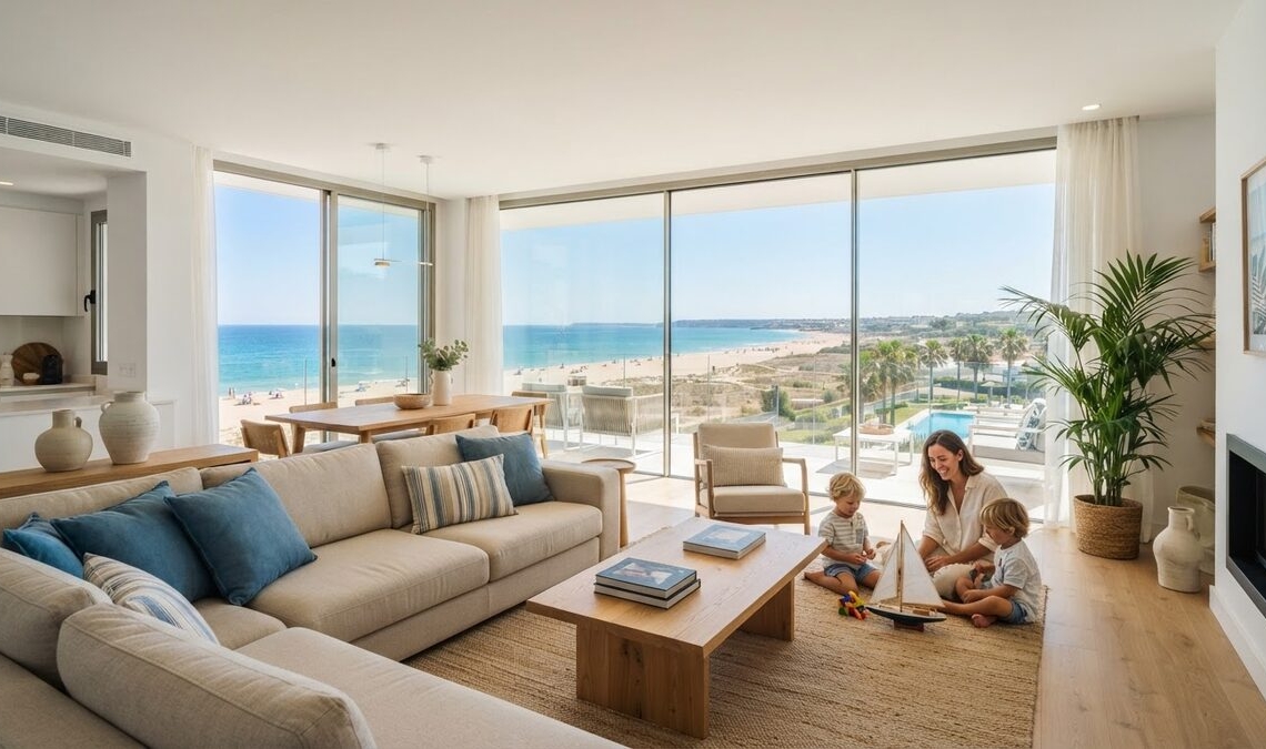 Salón moderno de apartamento vacacional en Costa Ballena Cádiz con ventanales al Atlántico en verano