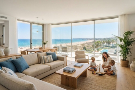 Salón moderno de apartamento vacacional en Costa Ballena Cádiz con ventanales al Atlántico en verano