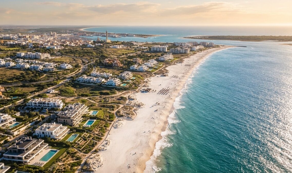 Vista aérea de la Costa de la Luz Cádiz con playas y urbanizaciones ideales para invertir en vivienda vacacional