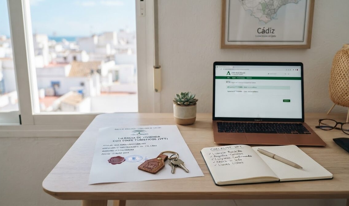 Documento oficial licencia VFT vivienda turística Andalucía sobre mesa con llaves de apartamento