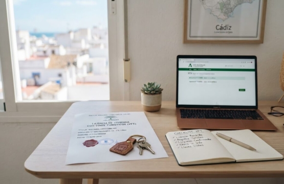 Documento oficial licencia VFT vivienda turística Andalucía sobre mesa con llaves de apartamento
