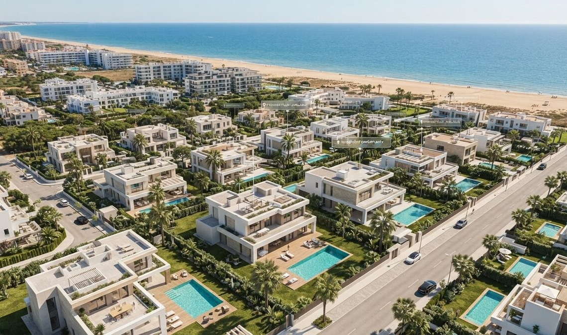 Vista aérea con marcadores de las mejores zonas para comprar piso de alquiler turístico en Rota y Costa Ballena Cádiz