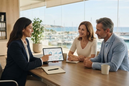 Gestor de alquiler vacacional muestra dashboard analítico a propietarios en oficina moderna Costa Ballena