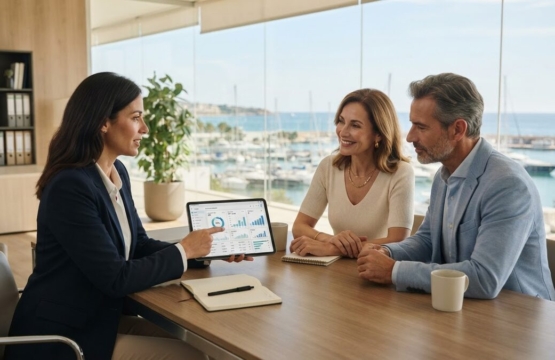 Gestor de alquiler vacacional muestra dashboard analítico a propietarios en oficina moderna Costa Ballena