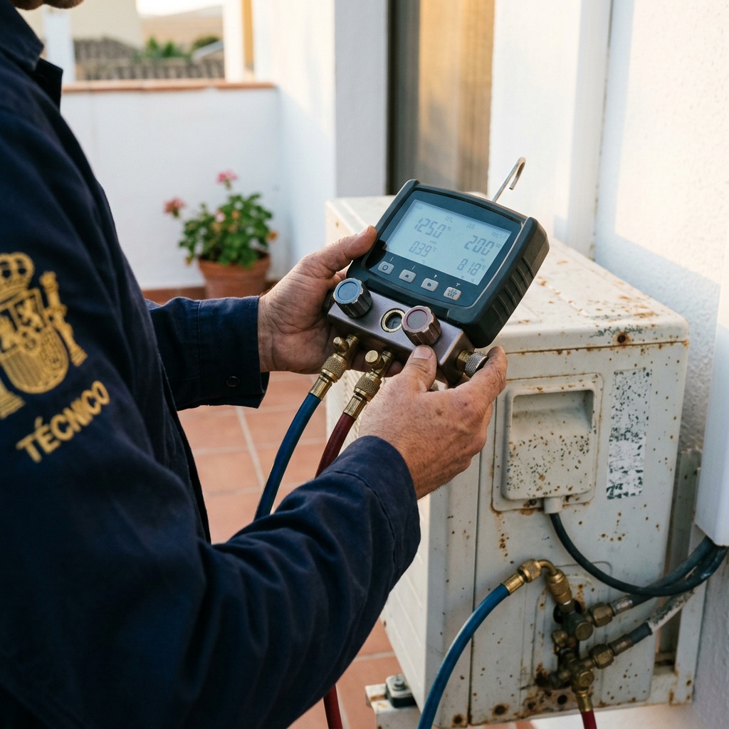 Climatización y aire acondicionado para viviendas vacacionales · Costa Ballena, Rota, Sanlúcar y Chipiona 3 Mantenimiento F-gas con manómetro digital en unidad exterior — Vega Home