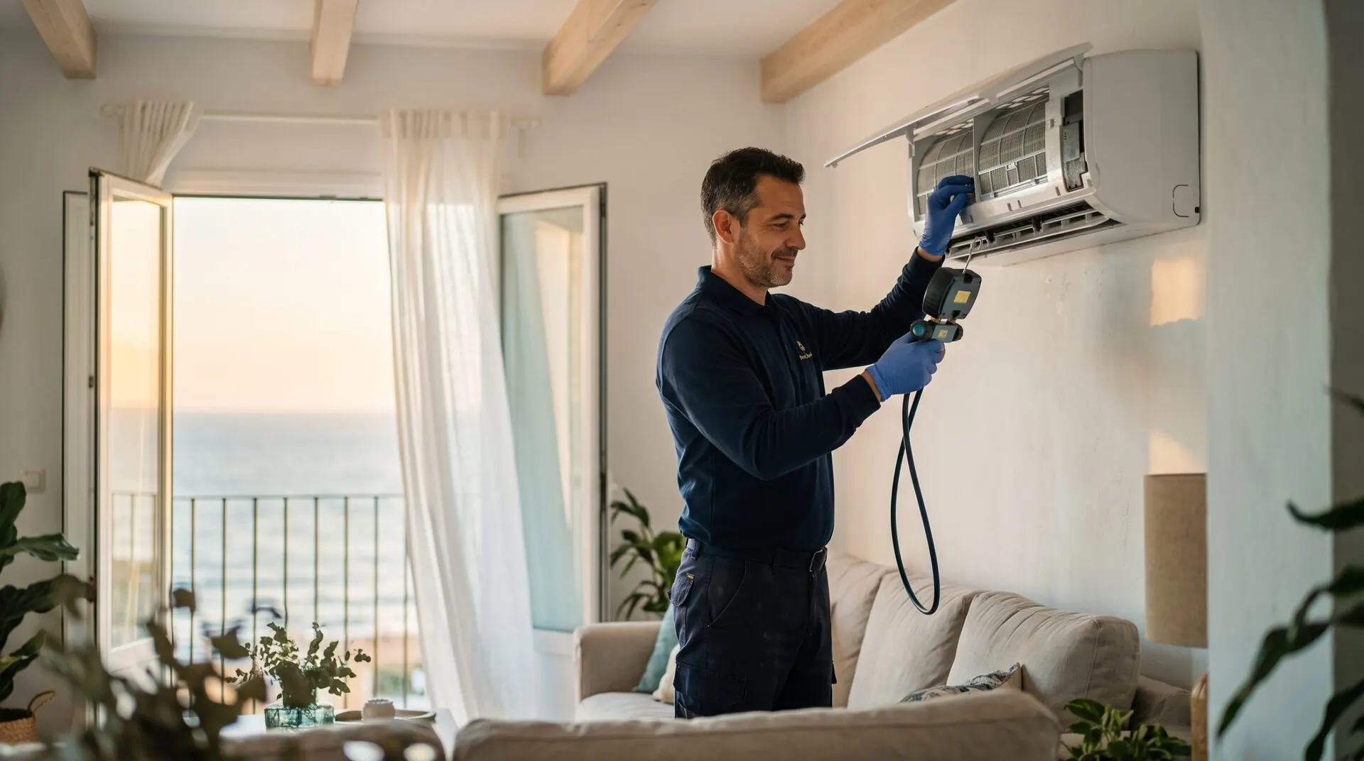 Climatización y aire acondicionado para viviendas vacacionales · Costa Ballena, Rota, Sanlúcar y Chipiona 1 Técnico certificado F-gas revisando unidad split de aire acondicionado en apartamento vacacional andaluz — Vega Home