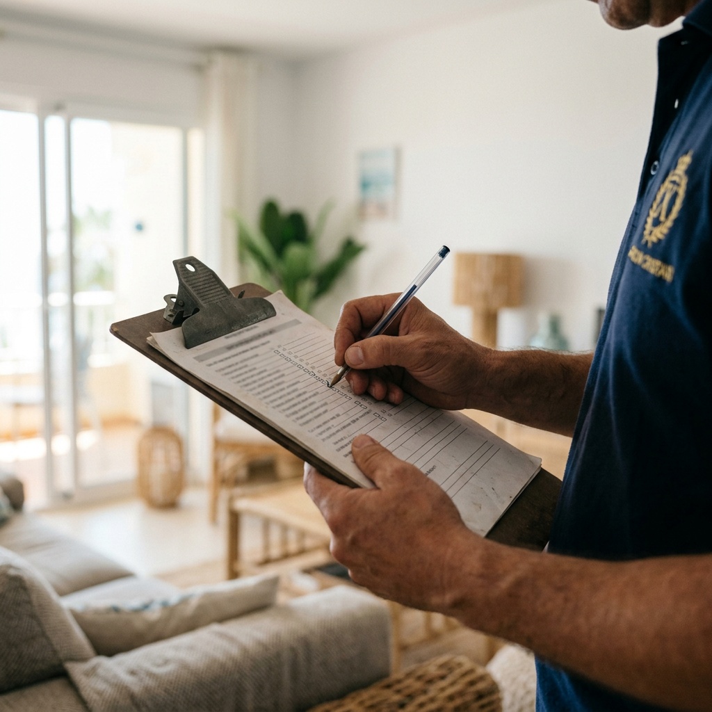Mantenimiento preventivo para viviendas vacacionales · Costa Ballena, Rota, Sanlúcar y Chipiona 2 Técnico completando checklist 72 puntos de mantenimiento preventivo — Vega Home