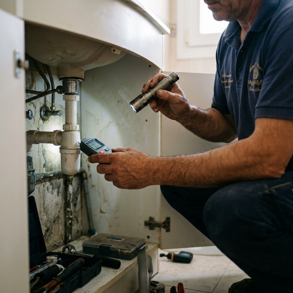 Mantenimiento preventivo para viviendas vacacionales · Costa Ballena, Rota, Sanlúcar y Chipiona 4 Fontanero inspeccionando sifón bajo lavabo con linterna — Vega Home