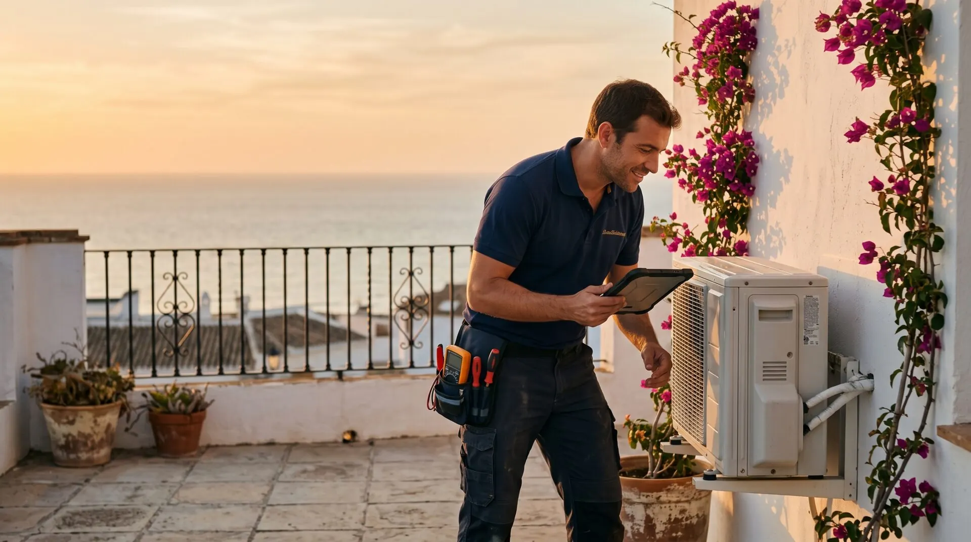 Mantenimiento preventivo para viviendas vacacionales · Costa Ballena, Rota, Sanlúcar y Chipiona 1 Técnico de mantenimiento preventivo revisando unidad de aire acondicionado en terraza de vivienda vacacional con vista al Atlántico — Vega Home