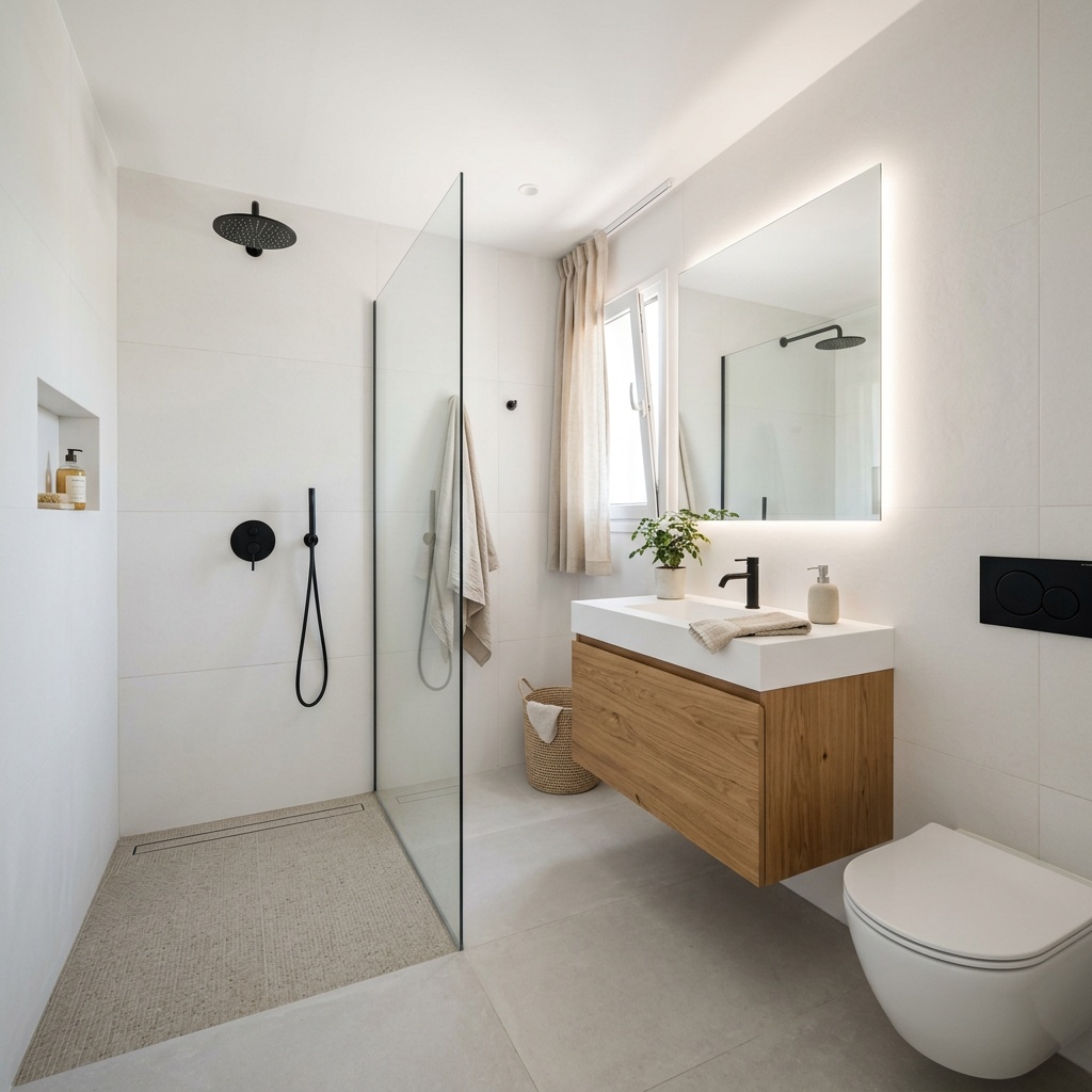 Reformas de baño, cocina e integrales para viviendas vacacionales · Costa Ballena, Rota, Sanlúcar y Chipiona 2 Baño reformado integral con ducha a ras y mueble suspendido — Vega Home