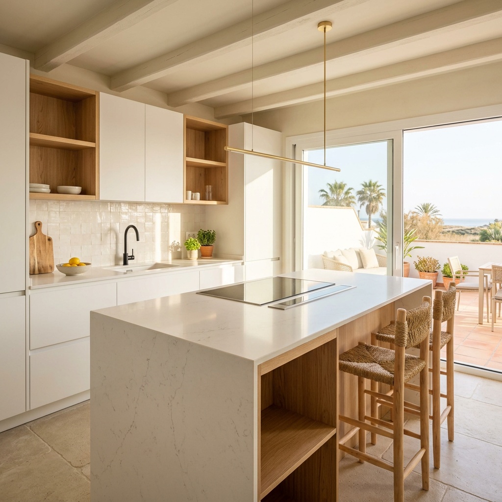 Reformas de baño, cocina e integrales para viviendas vacacionales · Costa Ballena, Rota, Sanlúcar y Chipiona 3 Cocina moderna reformada con isla y encimera de cuarzo — Vega Home