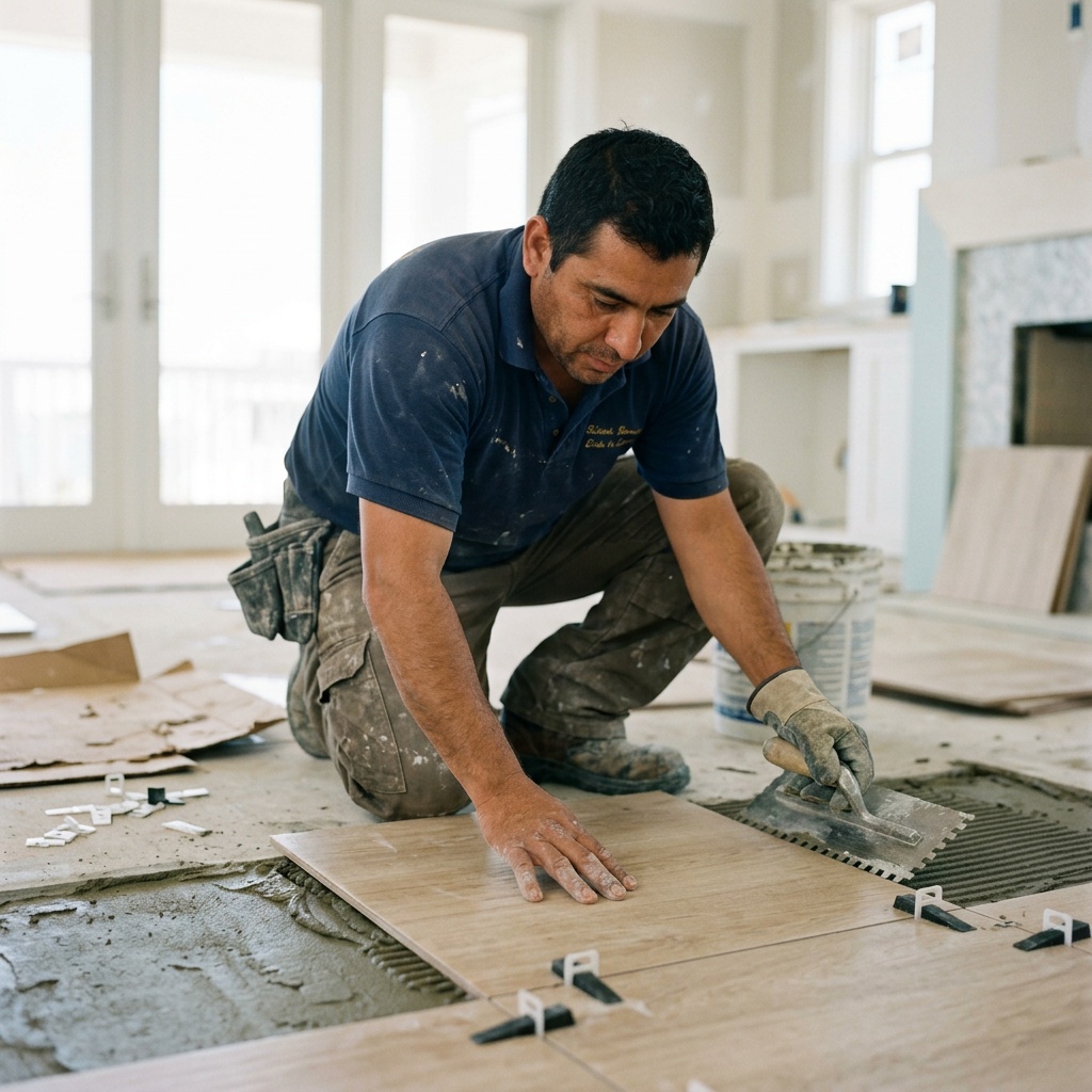 Reformas de baño, cocina e integrales para viviendas vacacionales · Costa Ballena, Rota, Sanlúcar y Chipiona 4 Instalación de suelo porcelánico imitación madera en reforma — Vega Home