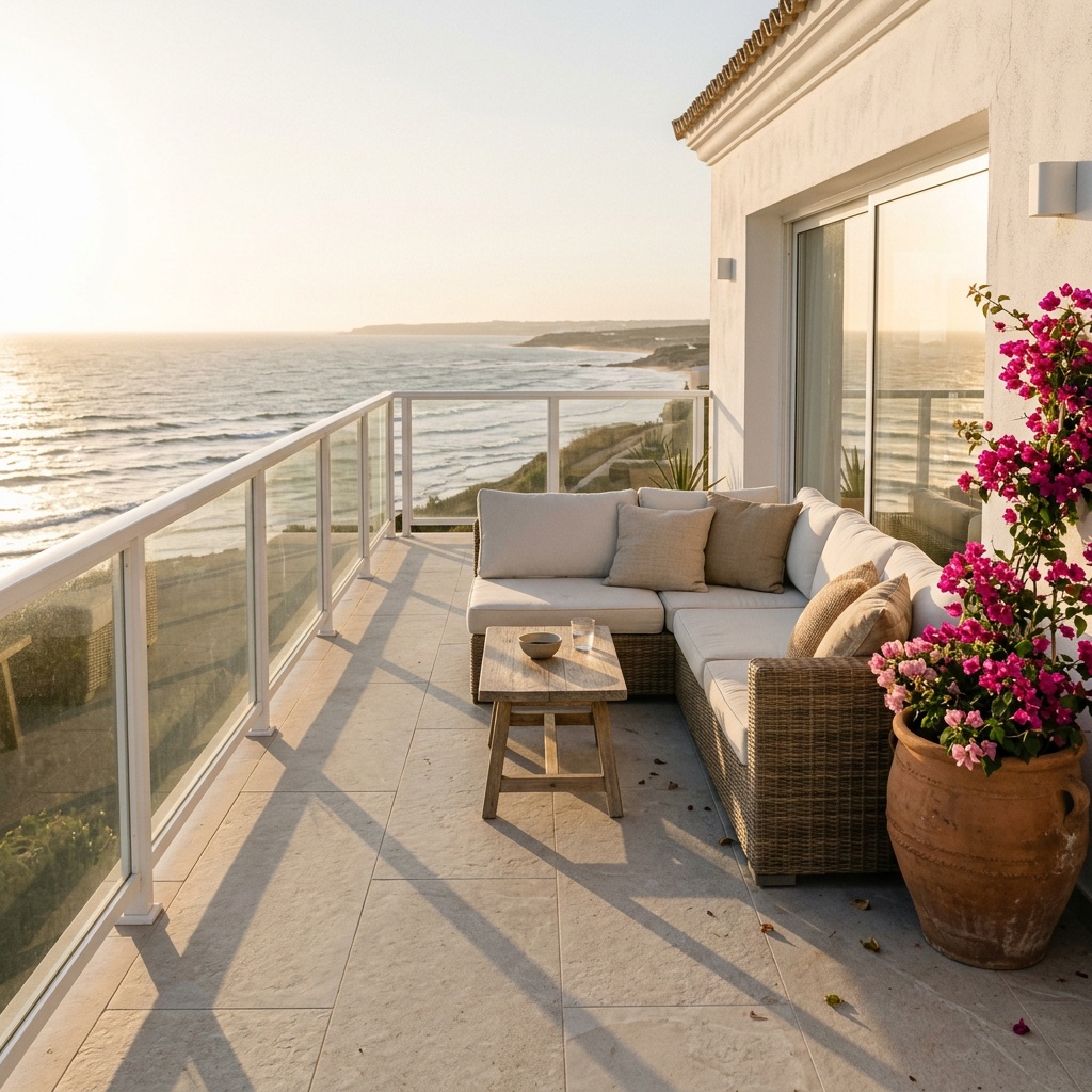 Reformas de baño, cocina e integrales para viviendas vacacionales · Costa Ballena, Rota, Sanlúcar y Chipiona 5 Terraza reformada premium con suelo porcelánico y vistas al mar — Vega Home