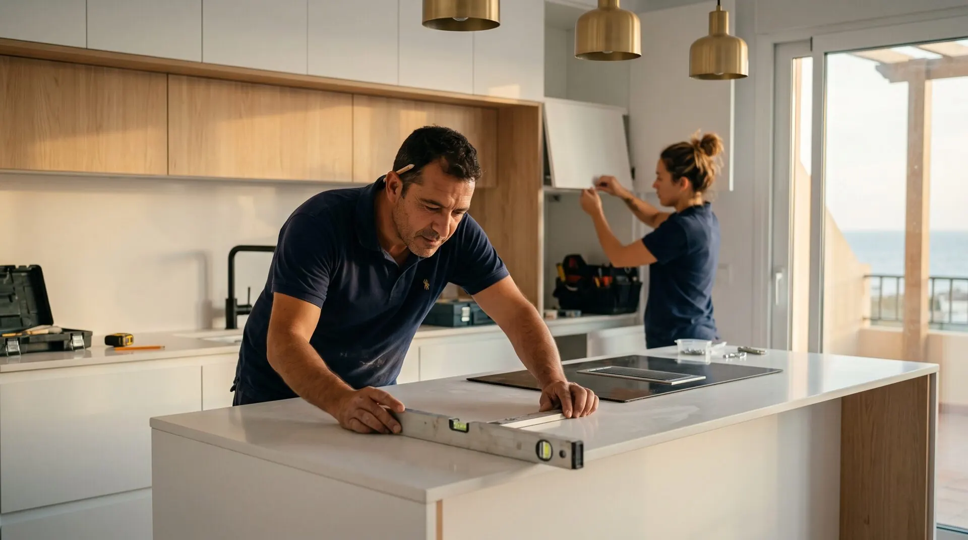 Reformas de baño, cocina e integrales para viviendas vacacionales · Costa Ballena, Rota, Sanlúcar y Chipiona 1 Equipo de reformas trabajando en cocina moderna de vivienda vacacional en Costa de la Luz — Vega Home