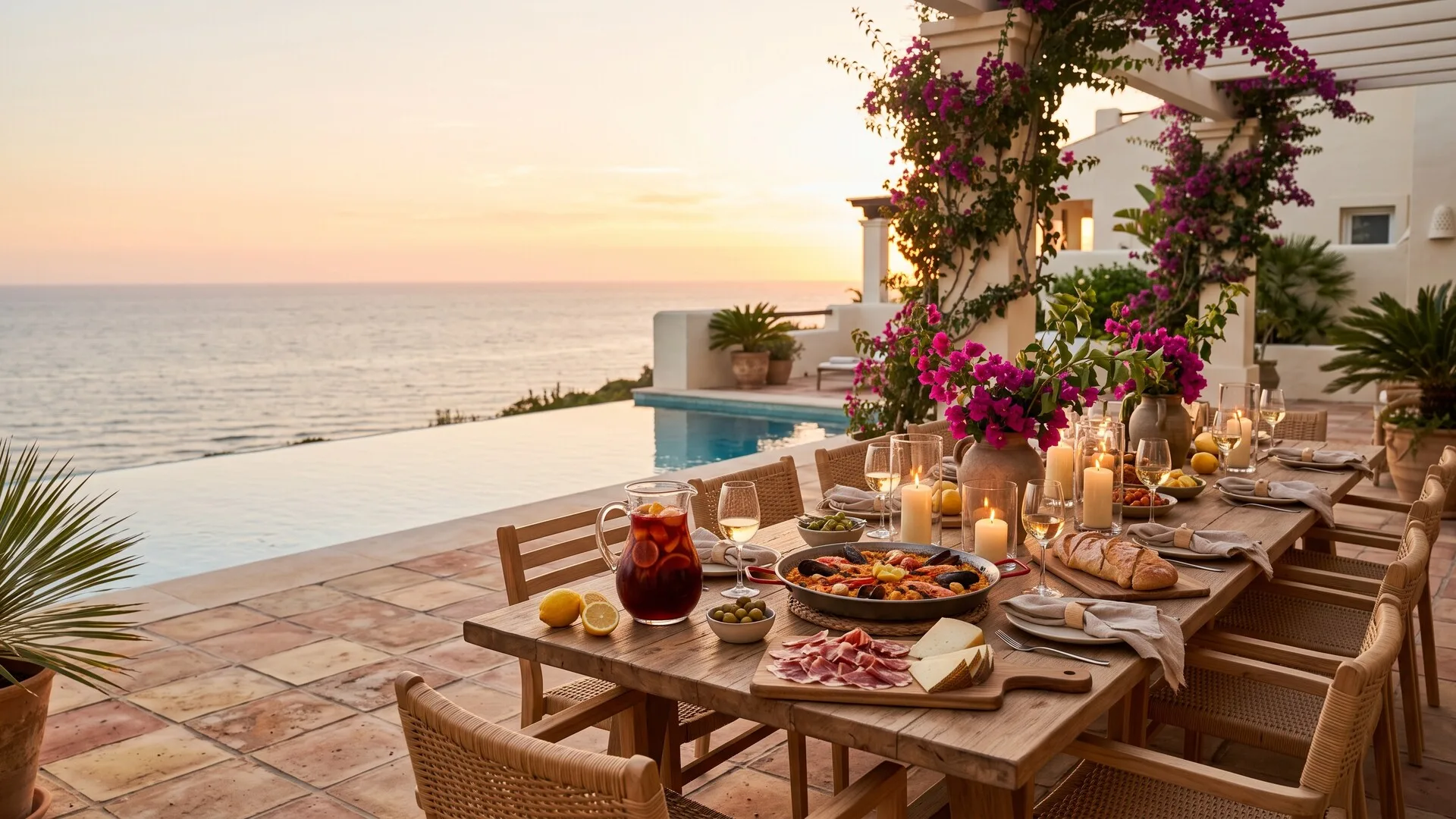 Terraza con mesa paella y sangría para quincena en Rota · Vega Home